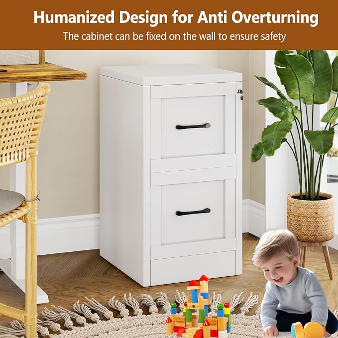 2 Drawer Metal File Cabinet with Lock,Narrow Vertical Filing Storage Cabinets,Steel File Organization for Legal/Letter/A4/F4 Size with Hanging Files,Lockable File Folders for Home Office, White