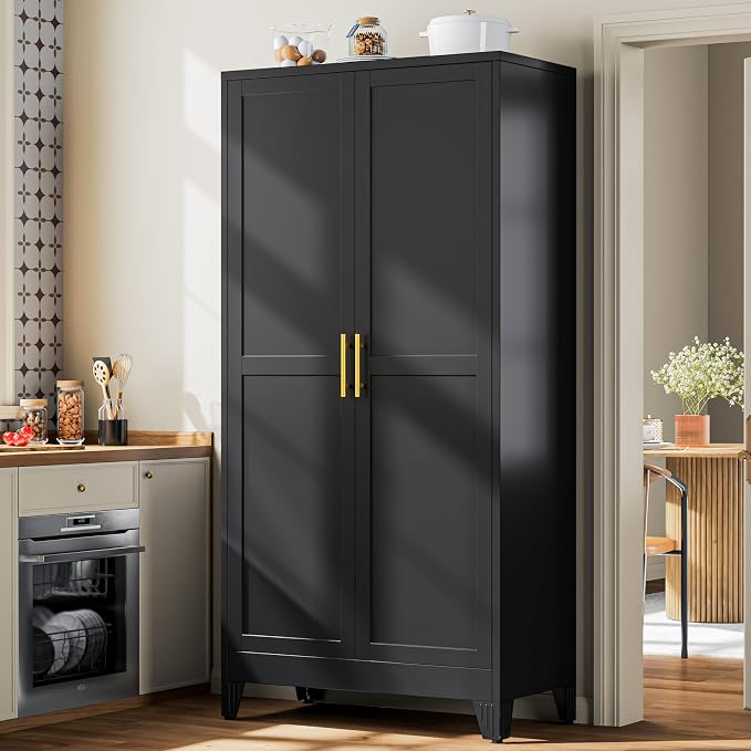 PAOFIN 79" Tall Black Kitchen Pantry Cabinet, Metal Storage Cabinet | with 2 Doors and 5 Adjustable Shelves, Steel Freestanding Wider Cupboard for Kitchen Dining Bathroom Bedroom(New Update)