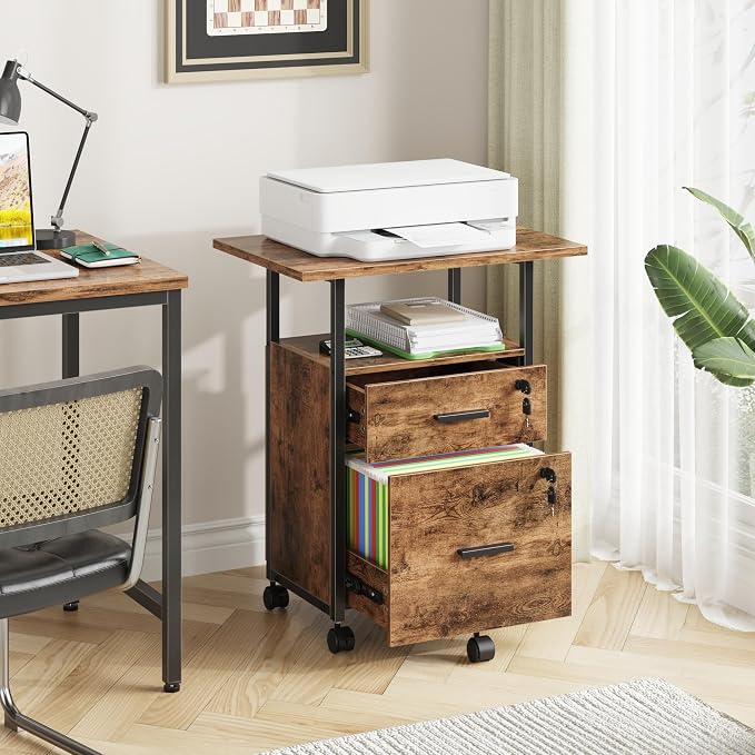 GYIIYUO 2 Wood Drawer Lockable File Cabinet with 22'' Extended Desktop | Mobile Filing Cabinet, Side Bag, Rolling Printer Stand, Fits A4&Letter Size, Home Office, Rustic Brown