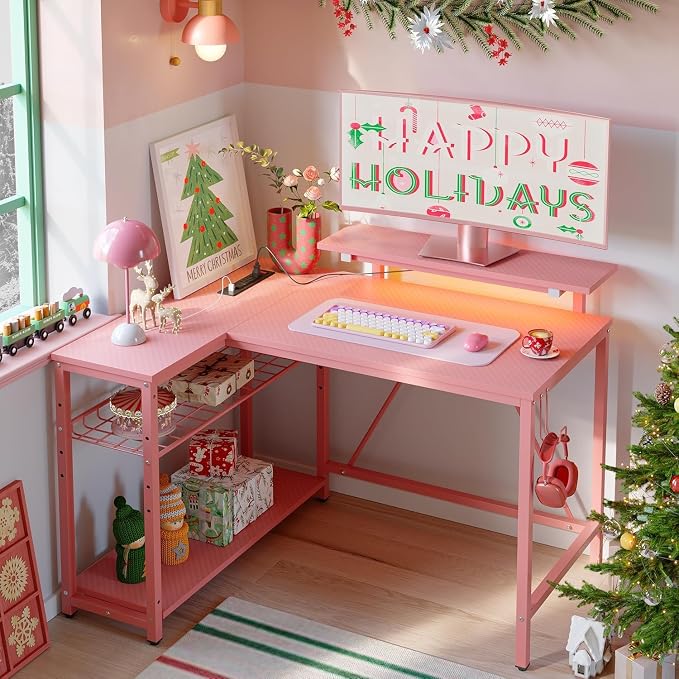 Bestier 42-Inch Pink L-Shaped Gaming Desk with Charging & LED | Charging 2AC+USB+Type-C, RGB LED 20 Colors/22 Modes, Reversible Shelves, Carbon Fiber Texture, Headset Hook, Small Space