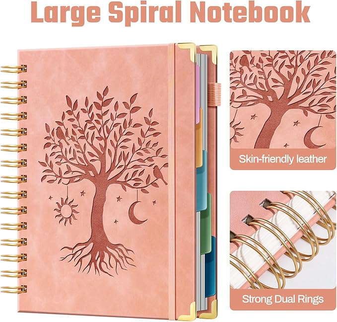 Hardcover Spiral Notebook 8" x 10" with 5 Removable Dividers 300 Pages Leather 5 Subject Notebook College Ruled 100GSM Large Spiral Notebooks for Work Thick Lined Journal for Women, Pink