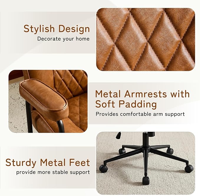 Leather Office Chair, Comfy Home Office Desk Chair, Mid Century Modern Office Chair with Lumbar Support, Mid-Back Adjustable Swivel Computer Chair with Wheels and Arms, Brown
