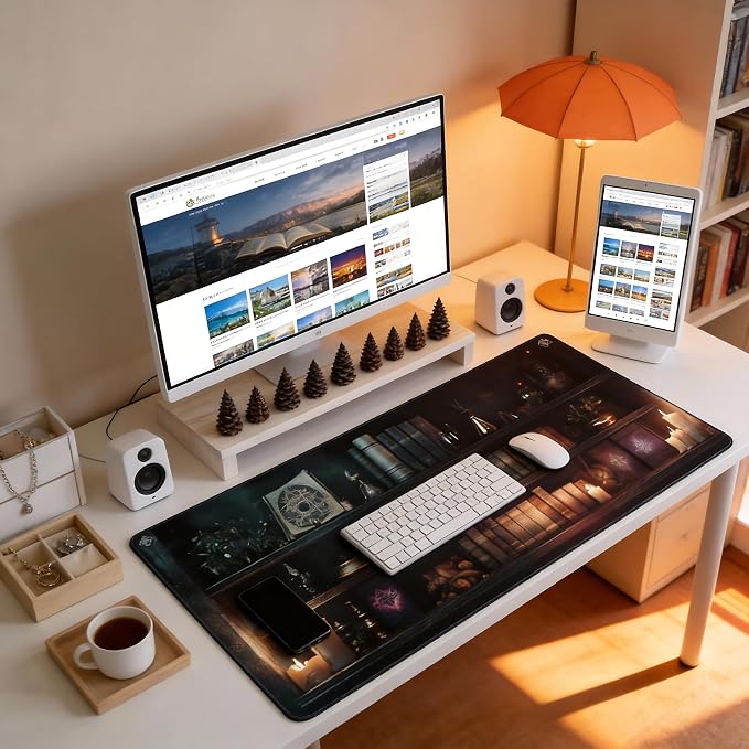 Aesthetic Book Gaming Mouse Pad, Dark Green Mystical Desk Mat with Anti-Slip Base & Stitched Edges, Computer Keyboard & Laptop Pad, 35.4" x 15.7" in in Workstation Accessories
