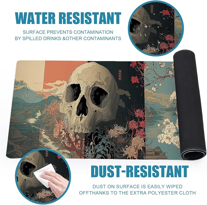 Japanese Skeleton Gaming Mouse Pad, Desk Mat, XL Extended Big Large Mousepad with Non-Slip Rubber Base, Laptop Computer Keyboard Mat Office&Home, 31.5x11.8in, Skull