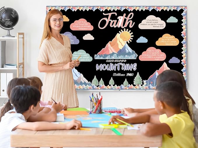 Christian Mountains Bulletin Board Set Inspirational Religious Classroom Decorations Faith Can Move Mountains Paper Cutouts for Sunday School VBS Church Office Home Chalkboard Wall Decor