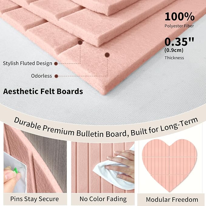 Heart Shaped Felt Bulletin Board 29"x29", 6 Tiles Wall Decor, Pink | Photo Display Memo Board for Office Home, Felt Pin Board with Adhesive Tiles and Pins for Notes, Photos and Artwork