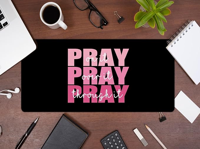 UTELKA Black Pink Desk Mat, Pink Christian Computer Mat 23x12 | Religious Desk Matt for Desktop, Pink Christian Office Decoration, Pray over it Pray Through it, Bible Verses, Church Gifts