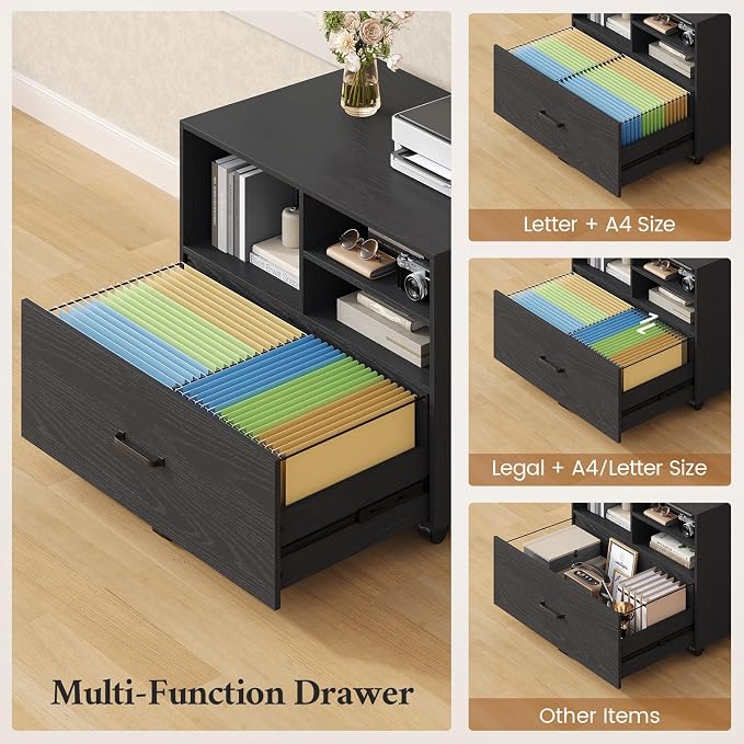 70.9" L Shaped Executive Desk with Power Outlets, Home Office Desk with Movable File Cabinet & Drawer, Modern Corner Computer Desks with Large Storage Cabinet, Black Business Furniture
