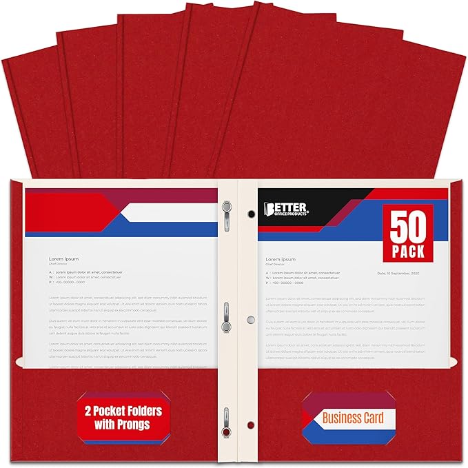 Better Office Products Red Paper 2 Pocket Folders with Prongs, 50 Pack, Matte Texture, Letter Size Paper Folders, 50 Pack, with 3 Metal Prong Fastener Clips, RED