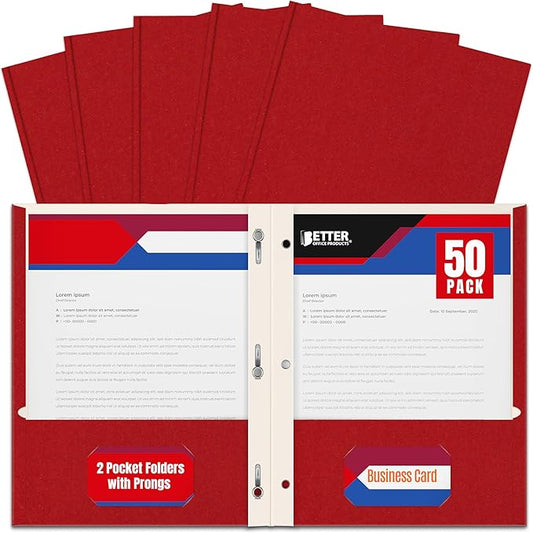 Better Office Products Red Paper 2 Pocket Folders with Prongs, 50 Pack, Matte Texture, Letter Size Paper Folders, 50 Pack, with 3 Metal Prong Fastener Clips, RED
