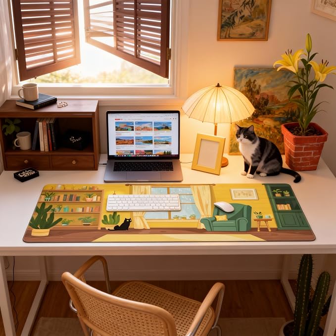 Cute Anime Black Cat Gaming Mouse Pad, Green Yellow Minimalist Desk Mat with Anti-Slip Base & Stitched Edges,35.4" x 15.7" in Desk Accessories for Women, Home Office Decor & Artistic Gift