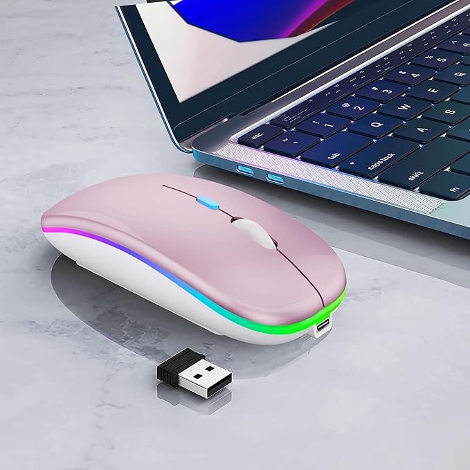 Wireless Bluetooth Mouse Rechargeable Laptop Mice with LED Lights Silent Slim Use(BT5.2 and 2.4G Portable USB Receiver) Dual Mode Computer Mouse for Laptop/iPad/Tablet/Apple/Computer/Mac(Pink)