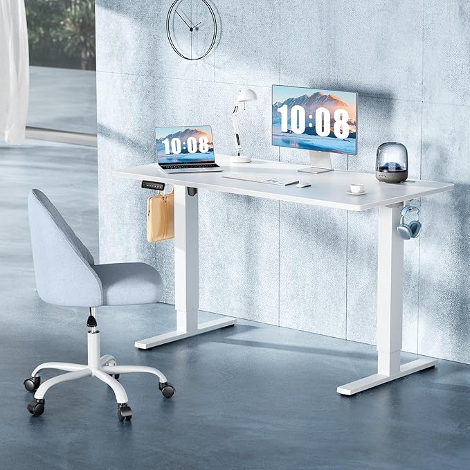 DUMOS 40 Inch Electric Standing Desk, Memory Adjustable Home Office Desk | Sit Stand Up Desk for Work Home Office,Adjustable Desk, Rising Computer Table with Splice Board,Cable Management,Hook,White
