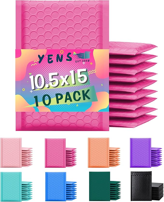 Yens Color Retail Bubble Mailers, Self-Sealing Padded Shipping Envelopes, Water-Resistant, Multiple Colors, for E-commerce and Business Mailing (Hot Pink, 10.5x16)