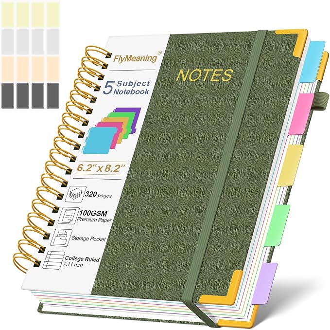 Hardcover Spiral Notebook Journal with Removable Dividers Tabs | 320 Pages, 5 Subject Notebooks College Ruled, 6.2"x8.2" Leather A5 for Work & School, Lined Journal for Women
