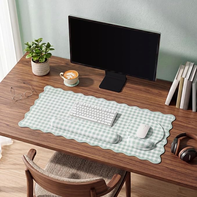 Green Gingham Desk Mat Set with Wrist Rest, Ergonomic Design, Scalloped Edge Keyboard Mouse Pad Set Large 35.4x15.7 Inch, Memory Foam Wrist Support, Non-Slip Desk Pad Home Office Decor