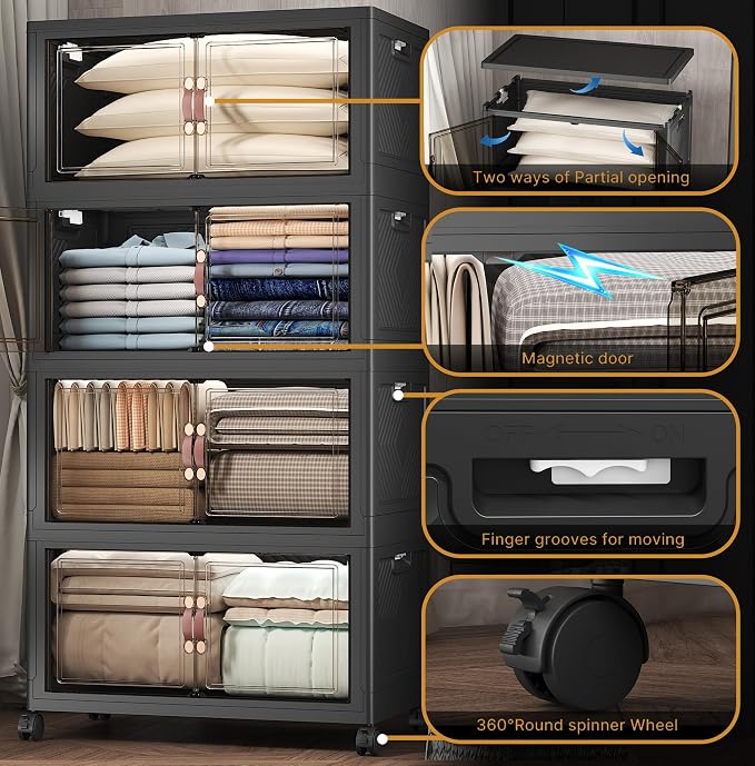 672QT Stackable Storage Bins with Lids,Doors & Wheels | Closet Organizers and Storage Cabinet, Lockable Plastic Foldable Drawers for Bedroom Dorm Office Garage（168QT*4,Black）