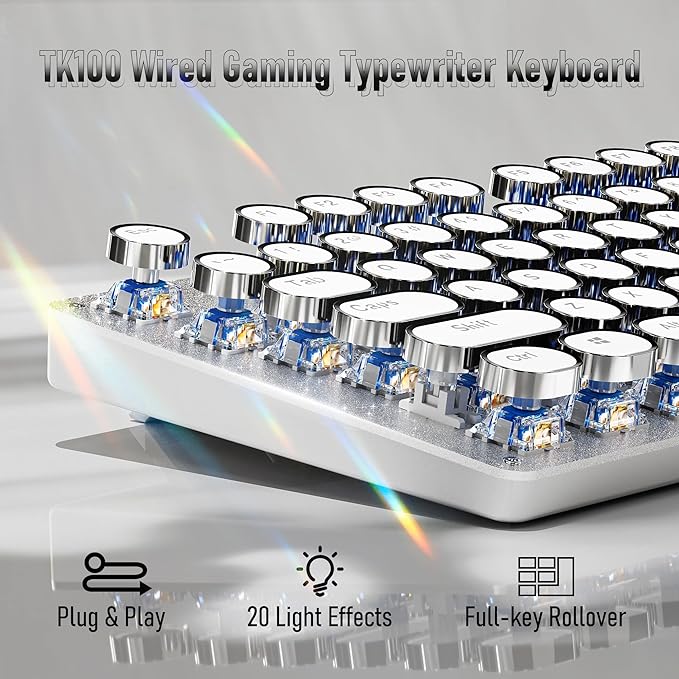 Wired Typewriter Style Mechanical Gaming Keyboard with White Backlit-White | Retro Punk Round Keycaps, Metal Panel, Clicky Blue Switch, 104 Keys Full Size Desk Setup for Windows PC, Mac, Desktop, Laptop