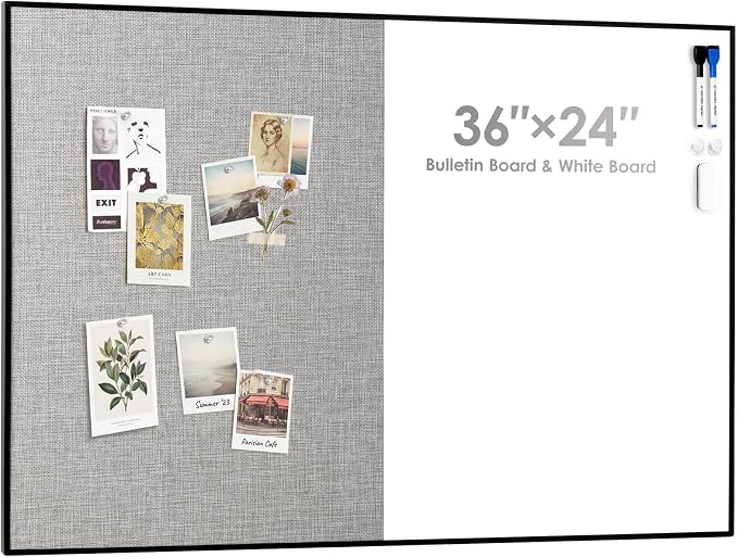 Cork Board White Board Combo for Wall | 36"X24" Linen Bulletin Board Whiteboard, Magnetic Dry Erase Corkboard for Home, Office, School, Grey