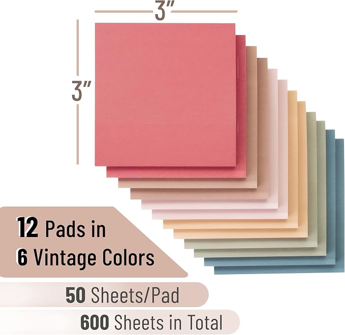 Mr. Pen- Sticky Notes, 3"x3", 12 Pads, 600 Sheets, Vintage Colors | Sticky Notes Bulk, Self-Stick Note Pads, Perfect for Office, School, Home, Study & Organization