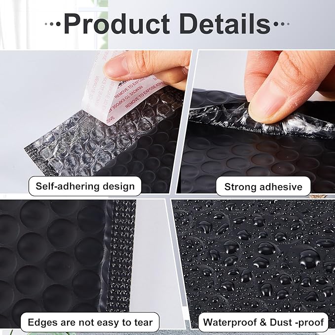 Henoyso 100 Pcs Bubble Mailer 4 Sizes Self Adhesive Black Waterproof Padded Envelopes Cushioning Seal Bubble Shipping Envelopes for Mailing Packaging Small Business Packing Supplies