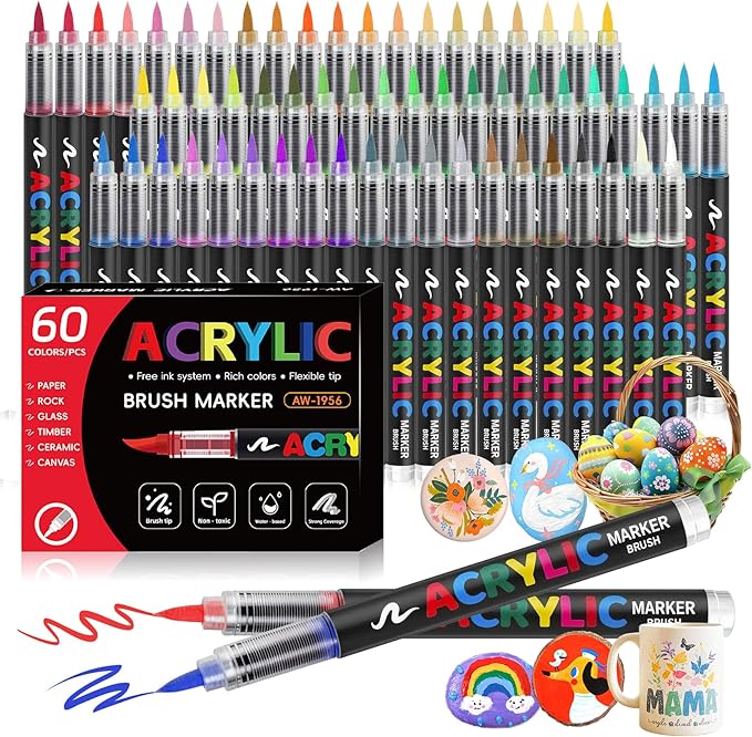 Acrylic Brush Markers,60 Colors Acrylic Markers for Coloring Books,Professional Paint Markers for Wood,Paper,Plastic,Glass,Fabric,Automatic Ink Control marcadores acrílicos (60 Colors)