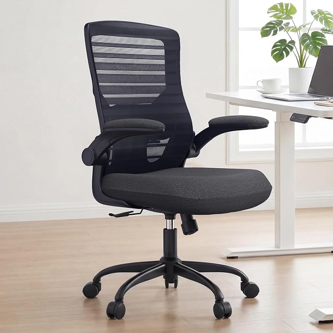Office Desk Chair for Long Hours & Lower Back Pain Relief – 4“ Thick Molded Foam Cushion, Enhanced Lumbar Support, Padded Flip-up Armrests, Ideal for Office or Study (Black)