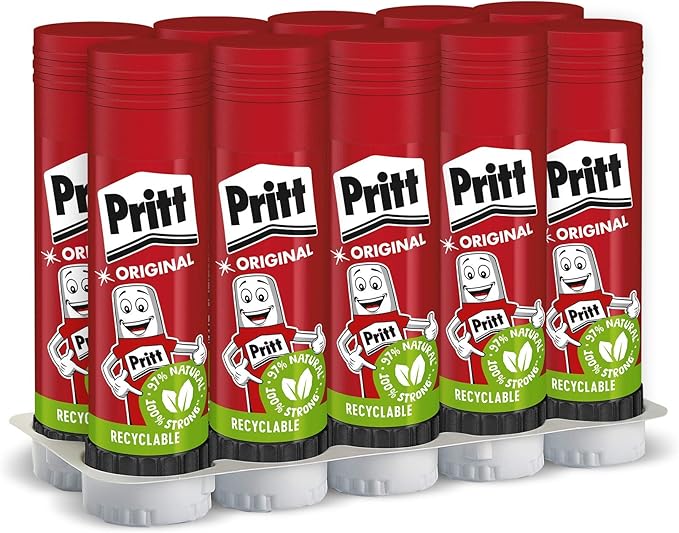 Pritt Glue Stick Pack of 10 - Water Soluble at Low Temperature, Removable, for Children - Large (43g)