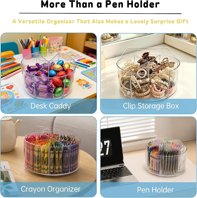Acrylic Rotating Pencil Holder, 360° Clear Pen & Marker Organizer | Crayon Art Supply Organizer with 6 Compartments and Carry Handle for Desk, Home, Office, Classroom