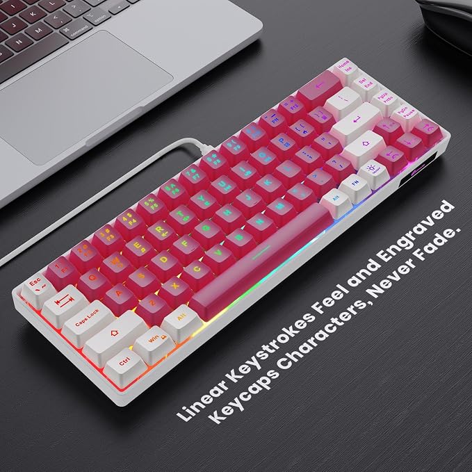 GEODMAER 65% Gaming Keyboard, LED Backlit Mini Wired Keyboard, Ultra-Compact Anti-Ghosting No-Conflict 68 Keys Membrane Gaming Wired Keyboard for PC Laptop Windows Gamer(Pink-White)