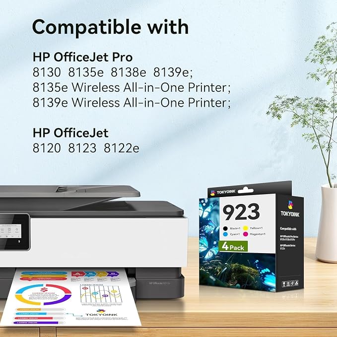 TOKYOINK 923 Ink Cartridges Combo Pack Replacement for HP 923 Ink Cartridge | Work for OfficeJet 8120 8122e 8123 OfficeJet Pro 8130 8135e 8138e 8139e Printer Without Chip (4 Pack)