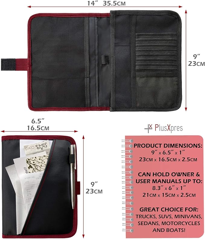 Glove Box Compartment Organizer - Car Document Holder - Owner Manual Case Pouch - Vehicle Storage Wallet for Registration & Insurance Card - Premium Auto Paperwork Holder - Log Book included - Red
