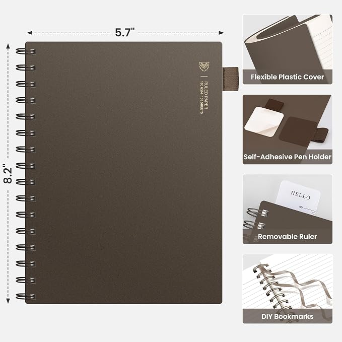 EMSHOI Lined Spiral Journal Notebook, 300 Pages, A5 Size (5.7'' x 8.2'') | College Ruled, 100 GSM Thick Paper, Flexible Plastic Cover, for School, Writing, Work, Office & Journaling (Coffee)