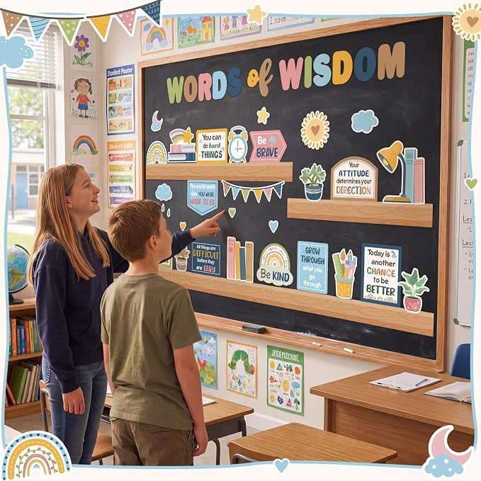 Qilery Bookshelf Bulletin Board Pastel Boho Words of Wisdom Classroom Decor | Inspirational Cutouts for Back to School Reading Corner Teacher Supplies, Positive Affirmation Wall Decor