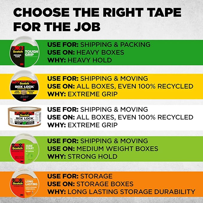 Scotch Tough Grip Moving Packing Tape, Clear, Moving Tape That Secures Boxes up to 80 Pounds, 1.88 in. x 43.7 yd., 3 Tape Rolls