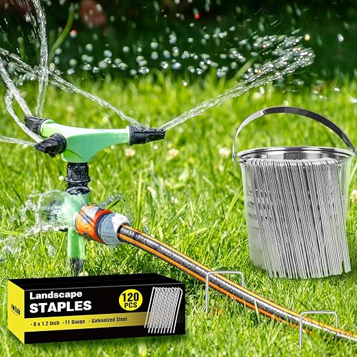 HongWay 120 Pack Landscape Staples 8 Inch, Galvanized Garden Stakes | 11 Gauge U-shaped Metal Tent Stakes Heavy Duty Ground Yard Staples for Landscaping Fabric, Fence, Irrigation Hose
