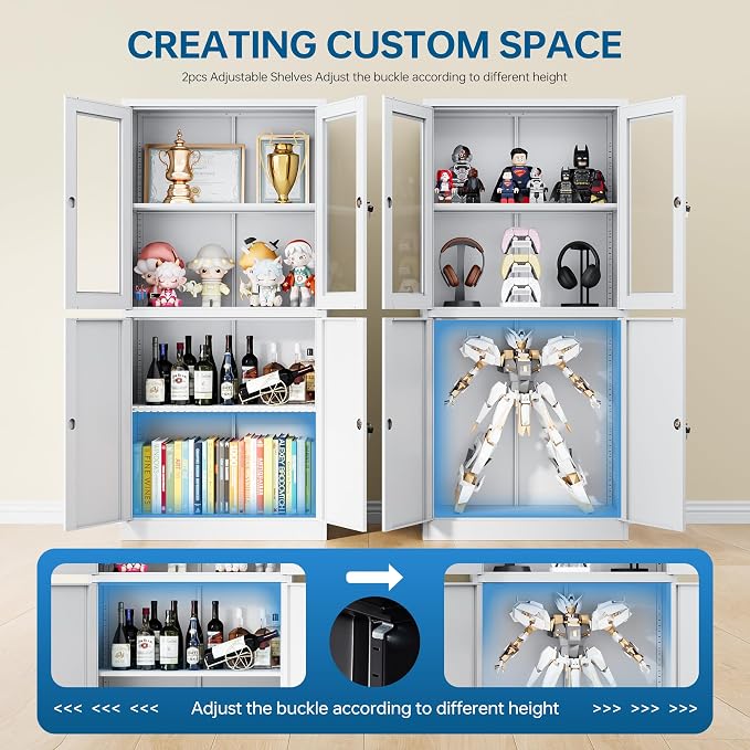 PEUKC Display Storage Cabinet with Glass Door, 71 Inches Metal Curio Cabinet with 2 Adjustable Shelves, Locking Glass Display Case for Home, Office, Clinic, Pantry, Assemble Required(White)