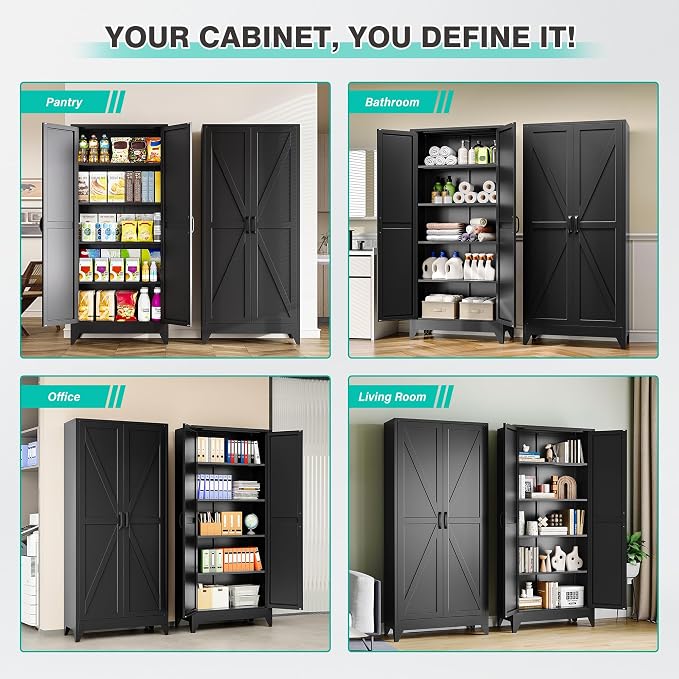75" Tall Pantry Cabinet,Farmhouse Kitchen Pantry Storage Cabinets with 2 Doors and 4 Shelves,Black Metal Storage Cabinet,Large Cupboard for Home,Kitchen,Dining/Living Room