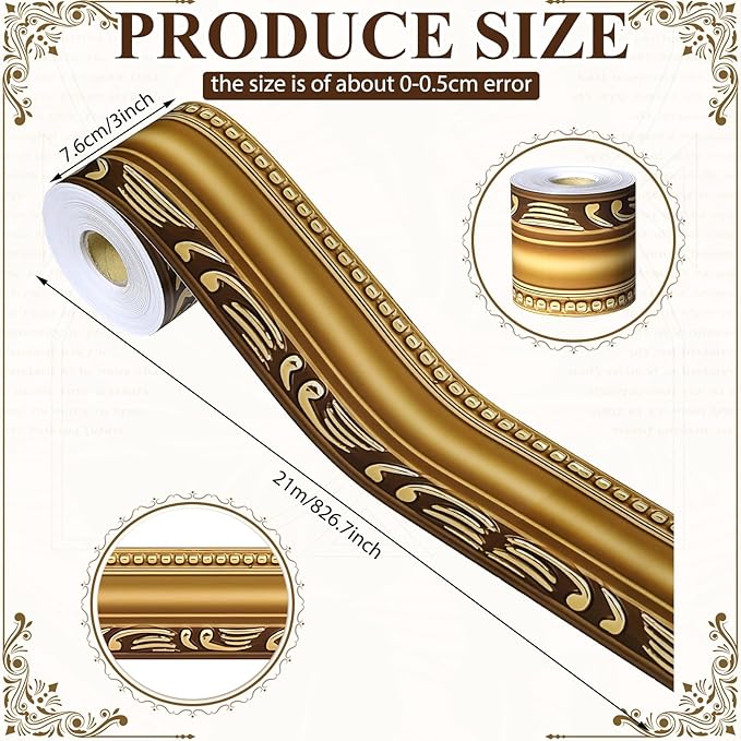 Outus 68FT Gold Frame Bulletin Board Border Die-Cut Straight Border Trim for Classroom Chalkboard, Picture Frames, Artworks, Walls, Mirrors & Office Decor, Classic Metallic Frame Molding(Typical)