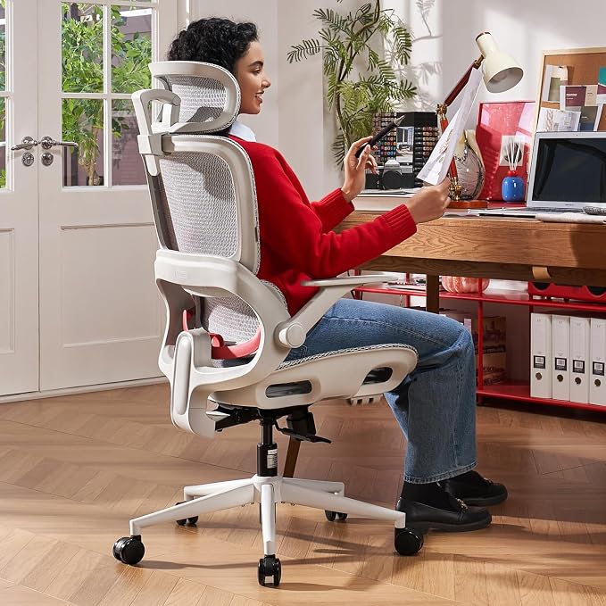 SIHOO B100 Office Chair, Ergonomic Office Chair Without Footrest, Computer Chair with Wide Headrest & Adaptive Lumbar Support, Flip-up Armrests, Swivel Desk Chair for Long Hours, Grey