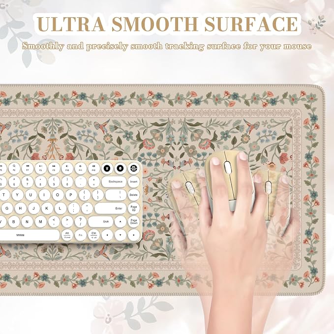 iCasso Aesthetic Desk Mat,31.5x11.8in Mouse Pads,Beige Floral | Anti-Slip Mousepad with Stitched Edges, Waterproof Computer Pad, Desk Accessories Office Decor for Women