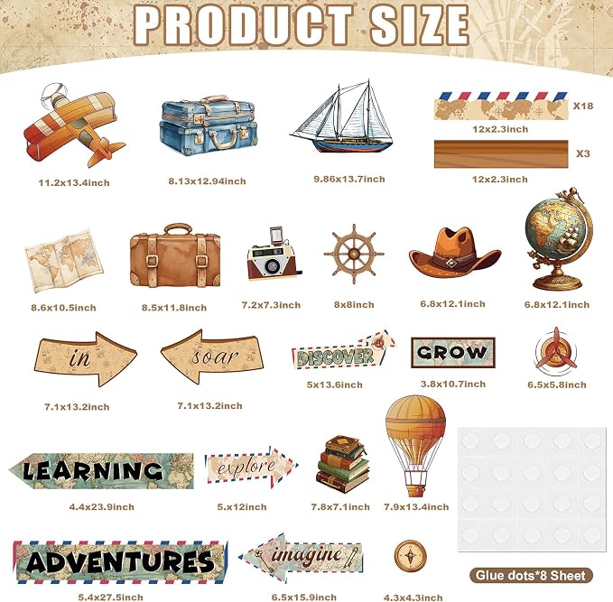 46Pcs Travel Theme Bulletin Board Decorations Set, Retro Adventure Map Classroom Bulletin Boards Decor, Motivational Reading Bulletin Borders for Classroom Elementary Back to School Office Wall Door