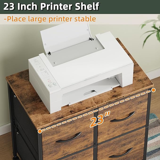 4 Drawer Lateral File Cabinet, Mobile Filing Cabinet Printer Stand | For Large Printer, Sturdy Metal Frame & Wood Top, Holds 50 Lbs, Fits Letter/A4 Size (No Legal), Fabric Drawer, Rustic Brown