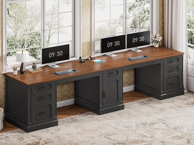 SEDETA Farmhouse 110.3" Two Person Desk with 7 Drawers, Long Computer Desk with Storage Cabinet, 2 Person Desk with Power Outlets for Home Office, Black+Brown
