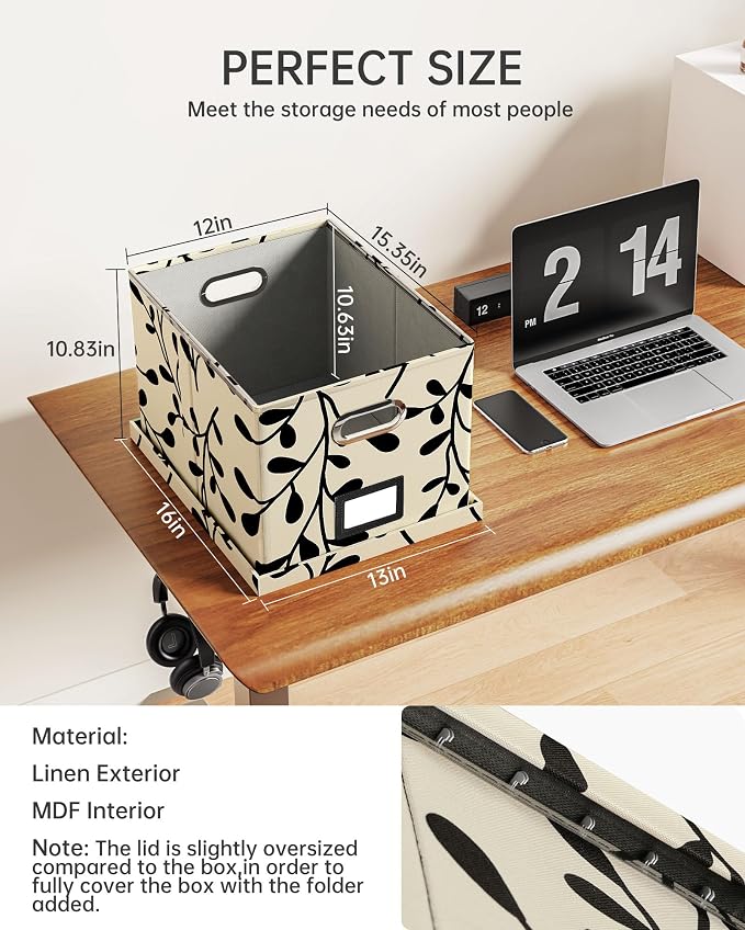 File Organizer with Lid, File Box, File Cabinet for Letter File Folder Storage, Hanging File Organizer for Office/Decor/Home,Document Organizer, 1 Pack,Leaf Black/Cream-Box Only