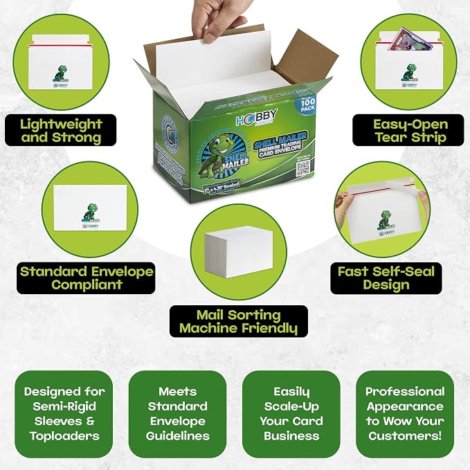 Shell Mailer Trading Card Envelopes for Shipping, Card Mailers - 100 Pack | Perfect Fit for Semi-Rigids & Toploaders, Sides Glued Flat for Sorting Machines, Premium Material, Customized Protective Flap