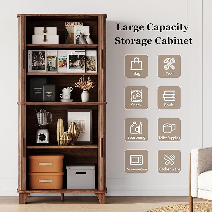 Decofy 69" Tall Kitchen Pantry Storage Cabinet with Sliding Door, Modern Curved Edge Pantry Storage Cabinet with 5 Shelves, Cupboard for the Kitchen, Dining Room, Bedroom, Living Room, Office (Walnut)