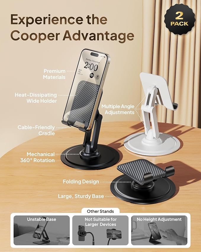 COOPER 360° Stand Rotating Cell Phone Stand for Desk, Desktop Phone Holder | 360° Click Rotating, Adjustable, Foldable, Portable, Metal Base, Cell Phone Holder for Desk; Fits all Samsung, Android Phones