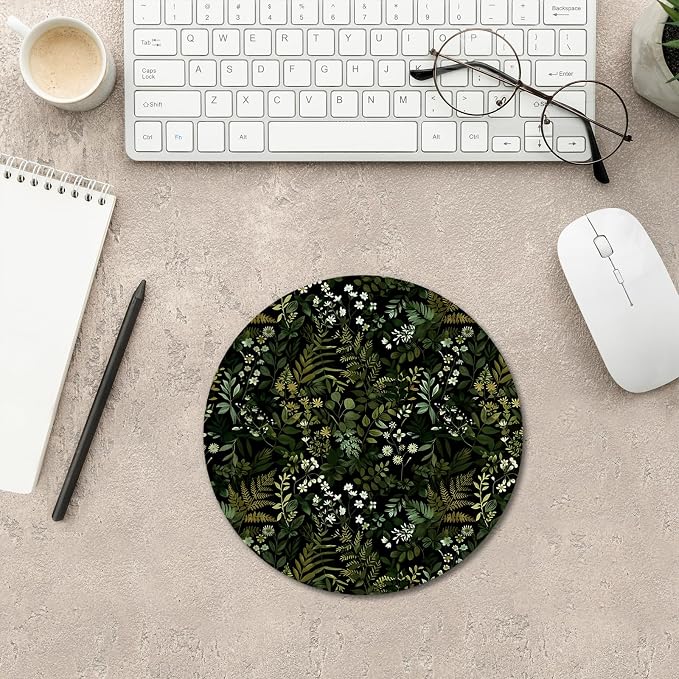 Dark Green Plant Mouse Pad, Cottagecore Vegetation Fern Leaves Botanical Mousepad Mouse Mat with Non-Slip Rubber Base for Home Office Desk Accessories, Green Office Supplies, 7.9x7.9 Inch