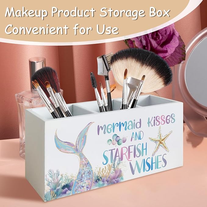 Pastel Mermaid Beach Pen Pencil Holder Organizer for Desk, Mermaid Gifts for Girls Women, Coastal Ocean Starfish Coral Wooden Box Block Sign for Home Classroom Dorm Office Tabletop Decor